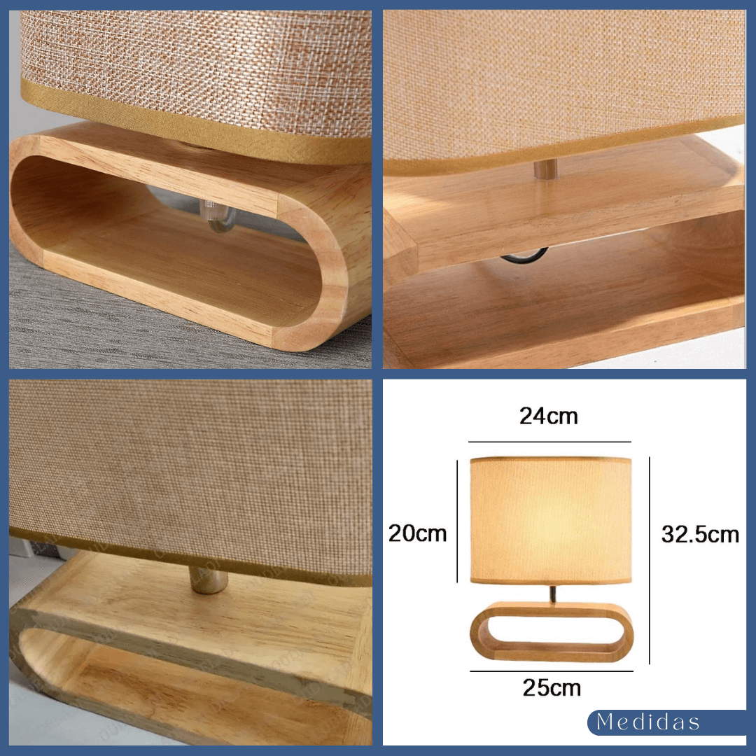 Abajur de Mesa com Base em Madeira e Cúpula de Tecido