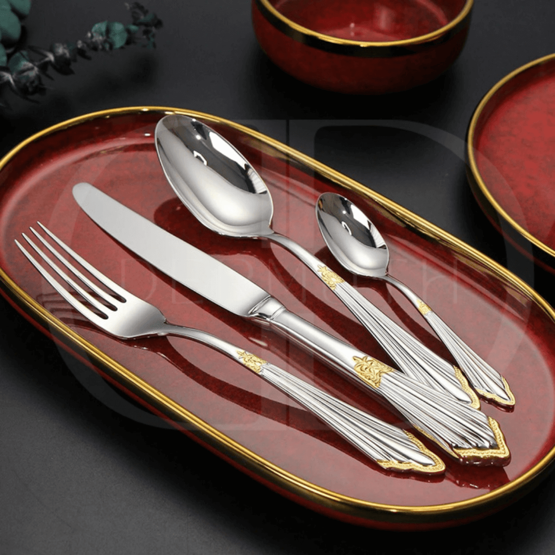 Conjunto de Talheres Luxo Dourado -  Cabo Bordado
