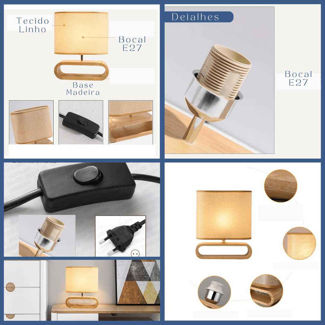 Abajur de Mesa com Base em Madeira e Cúpula de Tecido