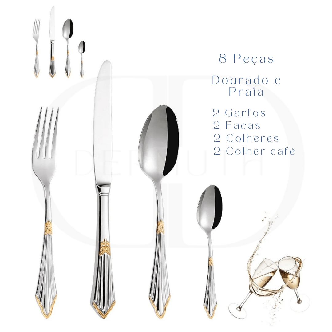 Conjunto de Talheres Luxo Dourado -  Cabo Bordado