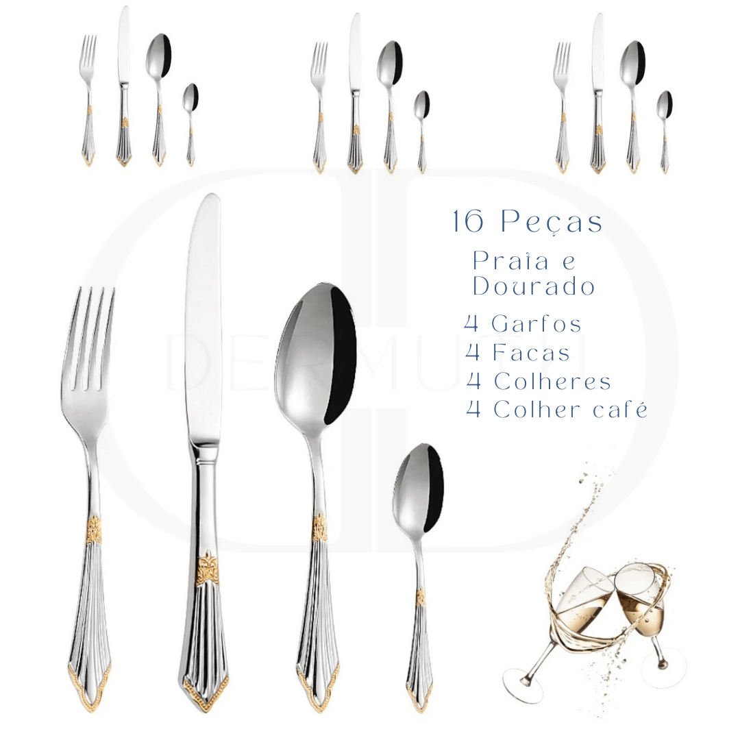 Conjunto de Talheres Luxo Dourado -  Cabo Bordado