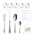 Conjunto de Talheres Luxo Dourado -  Cabo Bordado