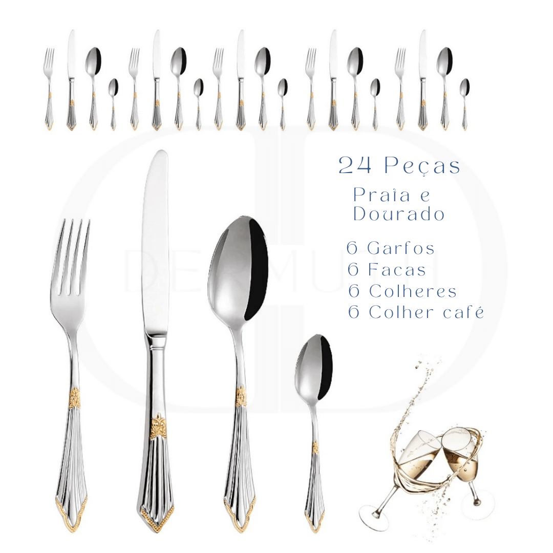 Conjunto de Talheres Luxo Dourado -  Cabo Bordado