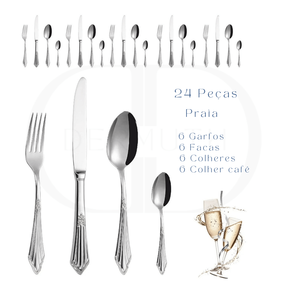 Conjunto de Talheres Luxo Dourado -  Cabo Bordado