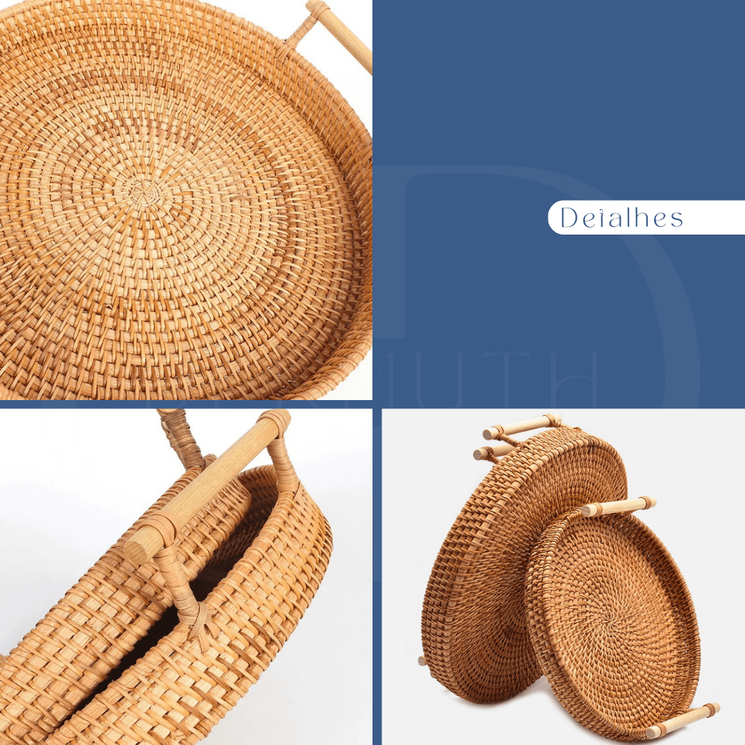 Bandeja de Rattan Trançado com Alça de Madeira