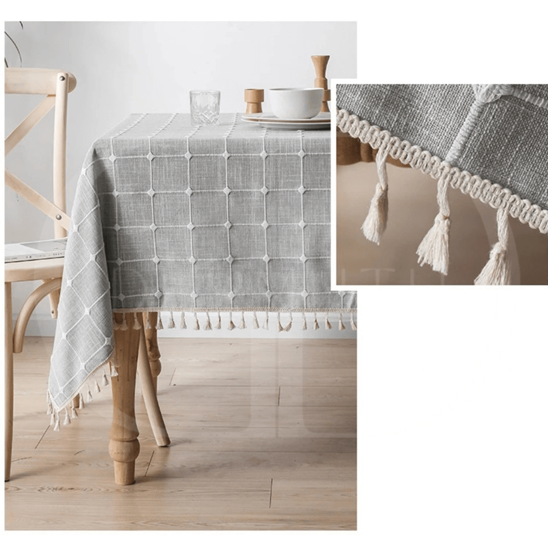 Toalha de Mesa Xadrez 3D com Franja – Estilo e Charme para sua Mesa