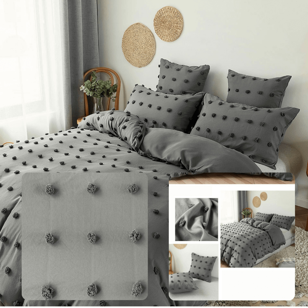 Jogo de Cama Dupla Face com Detalhes Tufted e Pompons