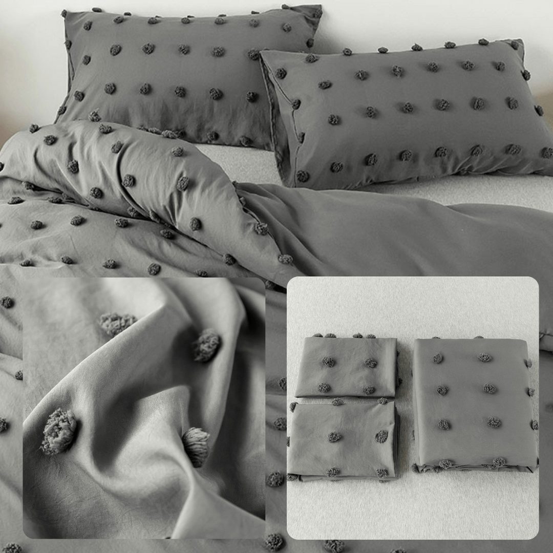 Jogo de Cama Dupla Face com Detalhes Tufted e Pompons