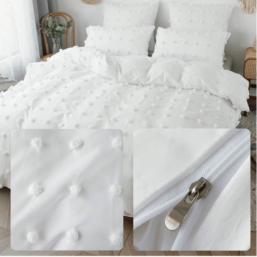 Jogo de Cama Dupla Face com Detalhes Tufted e Pompons
