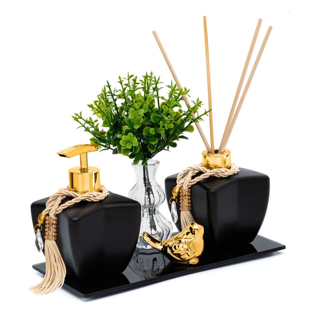 Kit Lavabo Vidro Estrela Super Luxo Difusor E Saboneteira C/ Bandeja + Enfeite