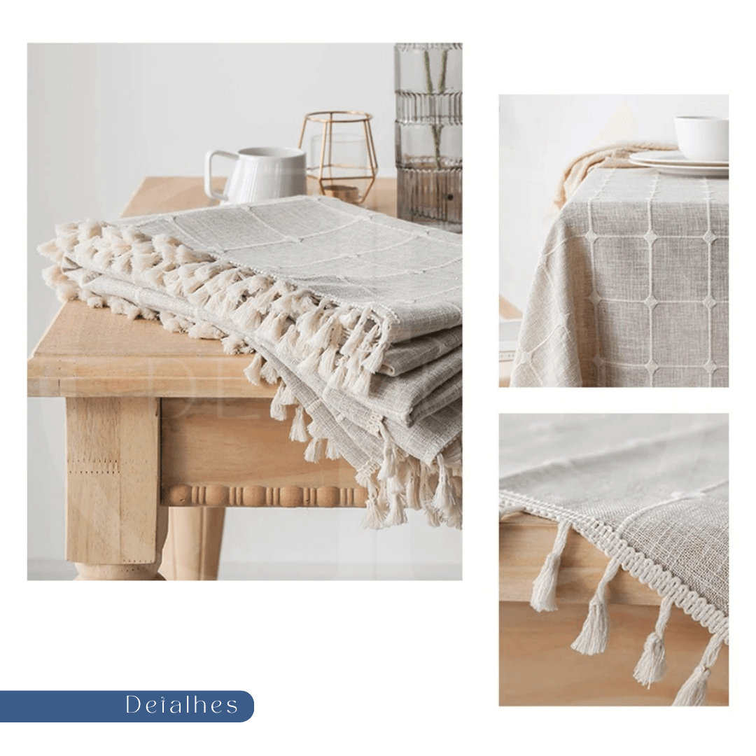 Toalha de Mesa Xadrez 3D com Franja – Estilo e Charme para sua Mesa