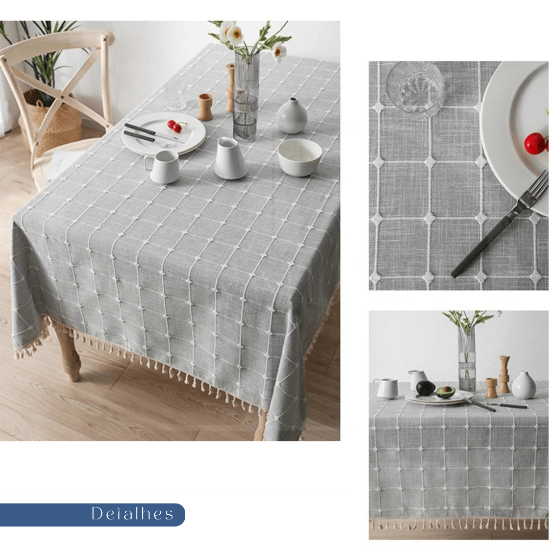 Toalha de Mesa Xadrez 3D com Franja – Estilo e Charme para sua Mesa
